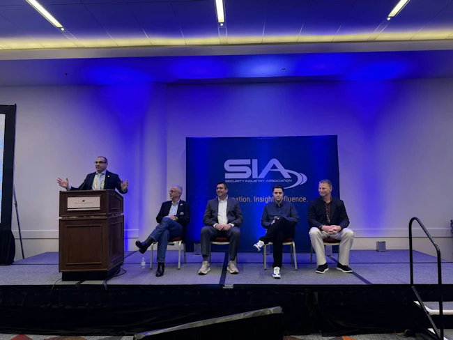 The panel discussion featured (seated from L/R): Vince Ricco, Senior Global Alliances Manager for Wasabi; Dave Stolerow, National Business Manager, Security, Siemens; Phil Coppola, Business Development Director for Mobile Solutions, HID; Erick Reynolds, National Business Development Team Lead, Hanwha.