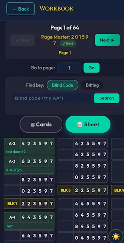 Photo 2. The digital workbook keeps master key bittings, blind codes, page masters, and system information organized and searchable.